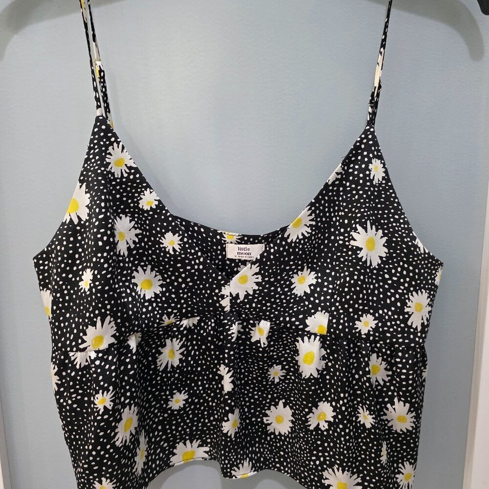 Little Moon Daisy Print Tank Top Black White Yellow Women’s M Sleeveless Cami